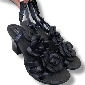 B.O.C Born Concepts Black 3D Floral Leather Ankle Strap Heeled Open Toe Sandals